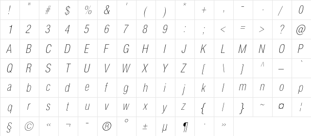 HeliosCondThin Italic  glyph index