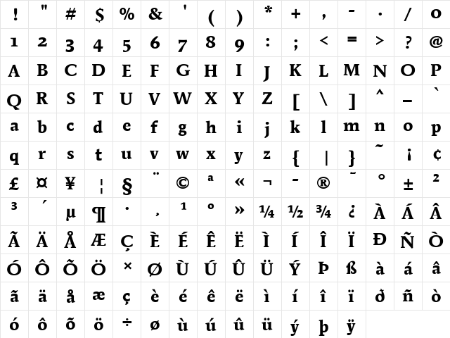 Mendoza Roman ITC Roman Bold  glyph index