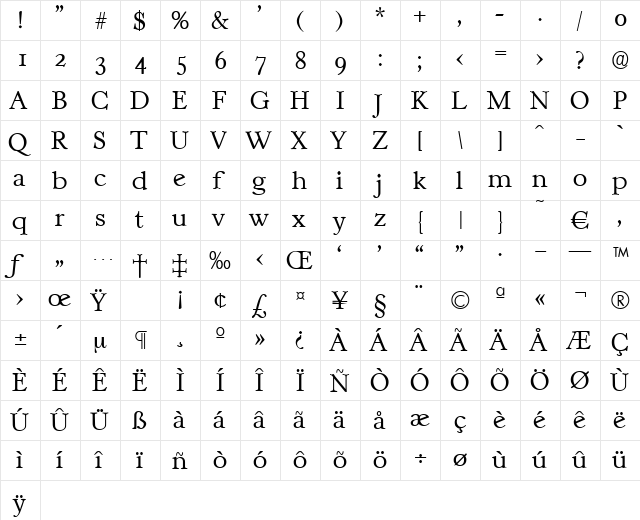 Casablanca-Xlight Regular  glyph index