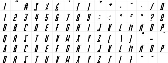 Slimbots Italic  glyph index