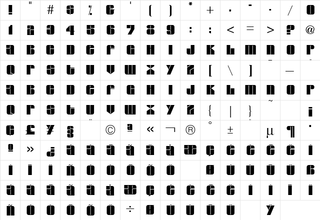 Glyphic Series Regular  glyph index