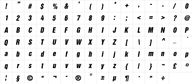 BastionKontrast-Oblique Regular  glyph index