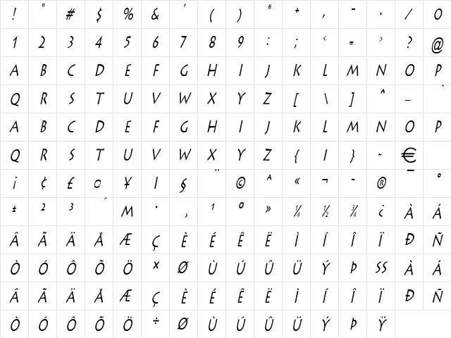 ListeThin Italic  glyph index