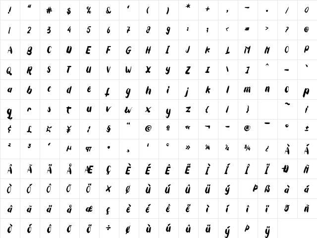 Tuesday_Spirit Regular  glyph index