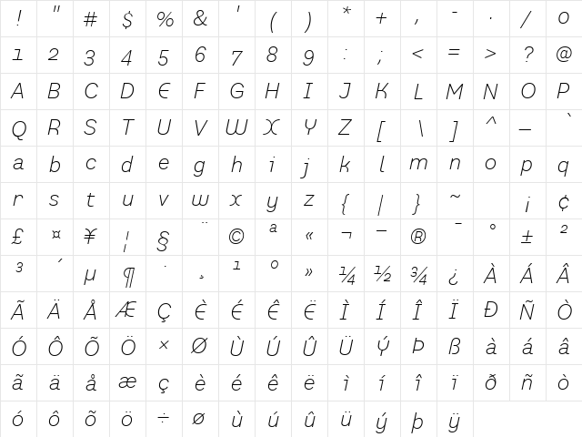 PrefaceLight Italic  glyph index
