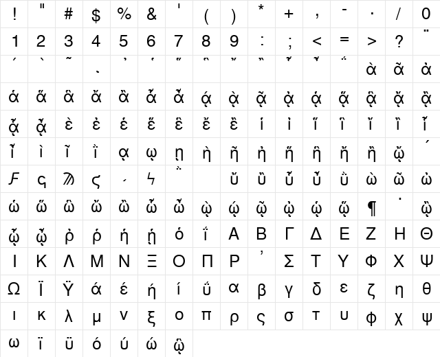 GreekSansAncientSSK Regular  glyph index