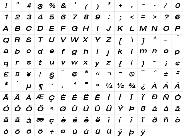 Helvetica63-ExtendedMedium MediumItalic  glyph index