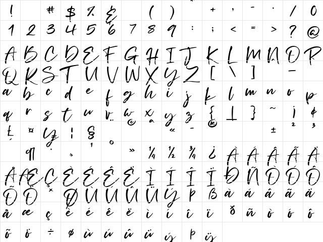 Bellisya Regular  glyph index