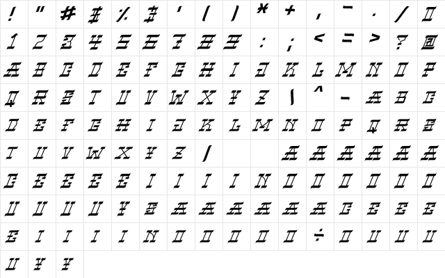 VIRGIL BLACK Narrow Italic Regular  glyph index