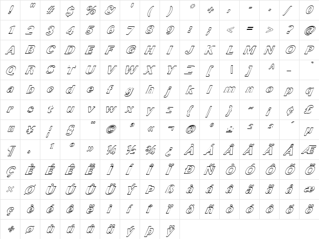 FZ ROMAN 37 HOLLOW ITALIC Normal  glyph index