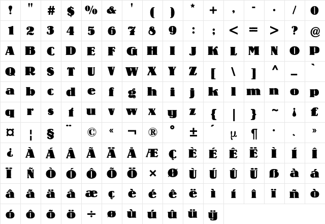 Lo-Type BQ Regular  glyph index