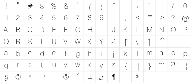 HeliosThin Regular  glyph index