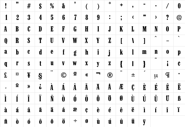 Colonel-Bold Regular  glyph index