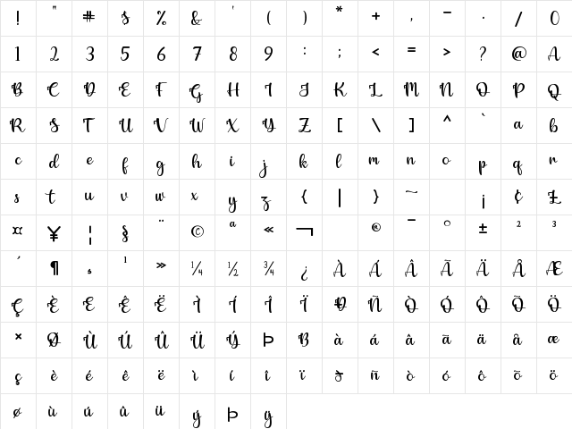 Winter Regular  glyph index