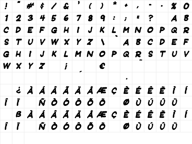 JeffreyPrint JL Bold Italic  glyph index