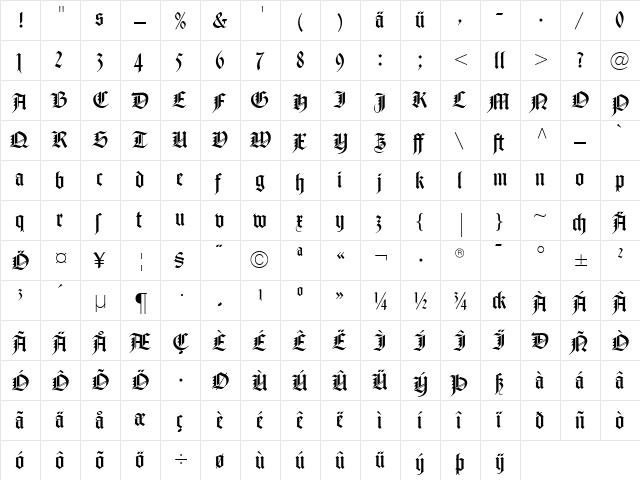NotreDameRomanDfr Roman  glyph index