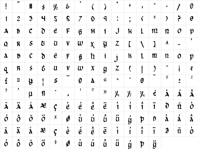 Cry Uncial Condensed Condensed  glyph index