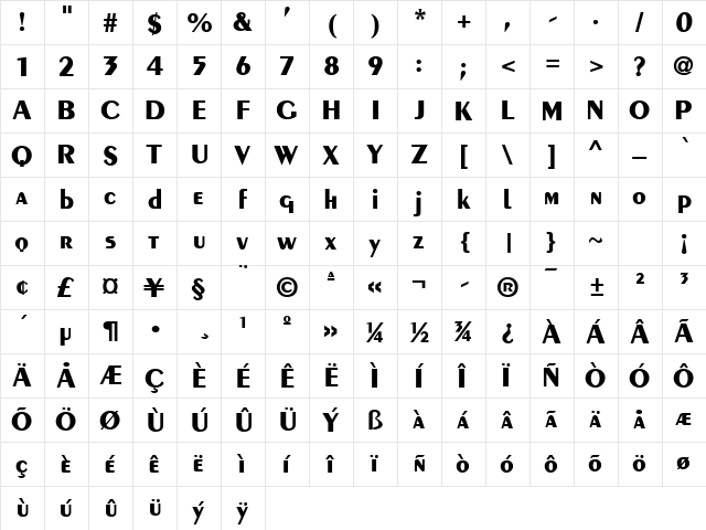 Pelicent Bold  glyph index