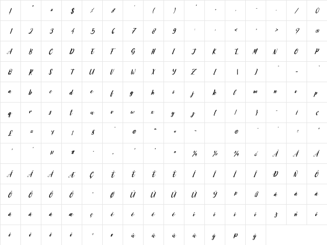 Shaffari Italic Regular  glyph index