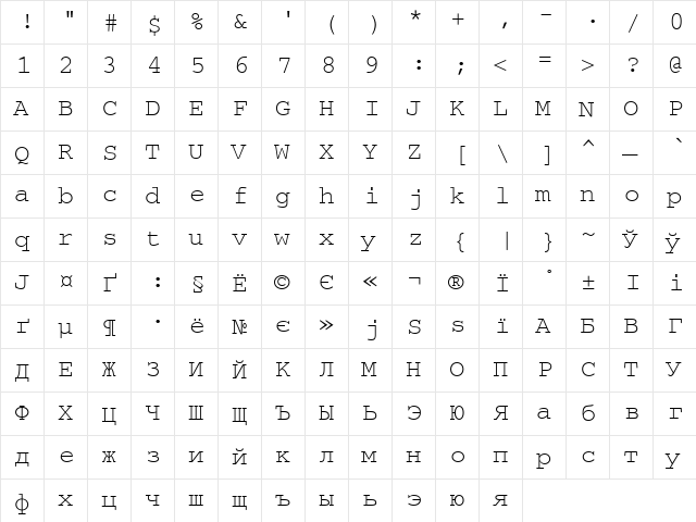 CourierCyrillic Regular  glyph index