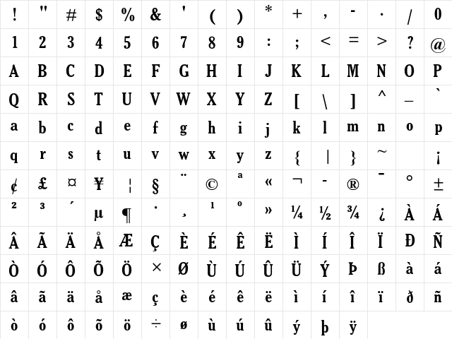 Gloucester MT Std Bold Cond  glyph index