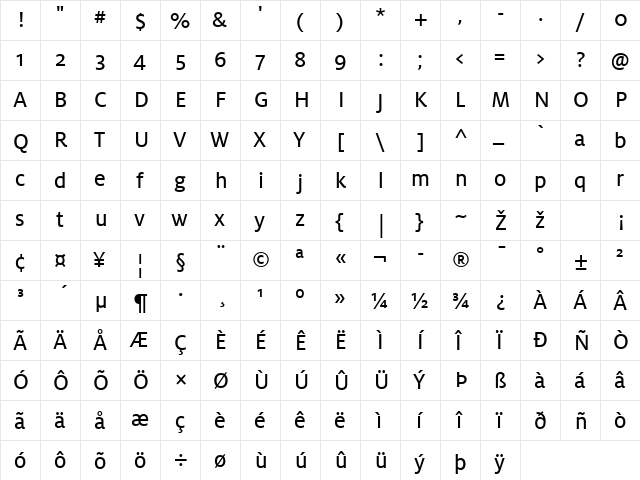 Milo-Text Regular  glyph index