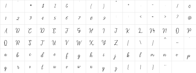 Diana_Script Regular  glyph index