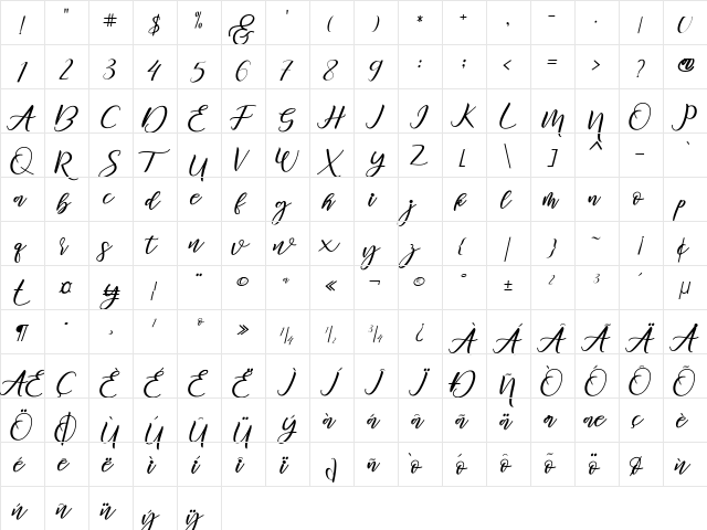 Diary Amily Regular  glyph index