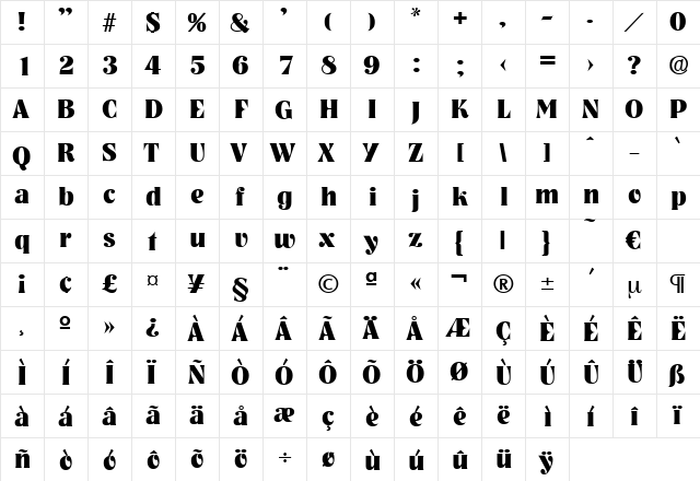 Nashville-Bold Regular  glyph index