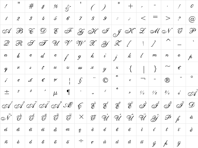English111 Vivace BT Regular  glyph index