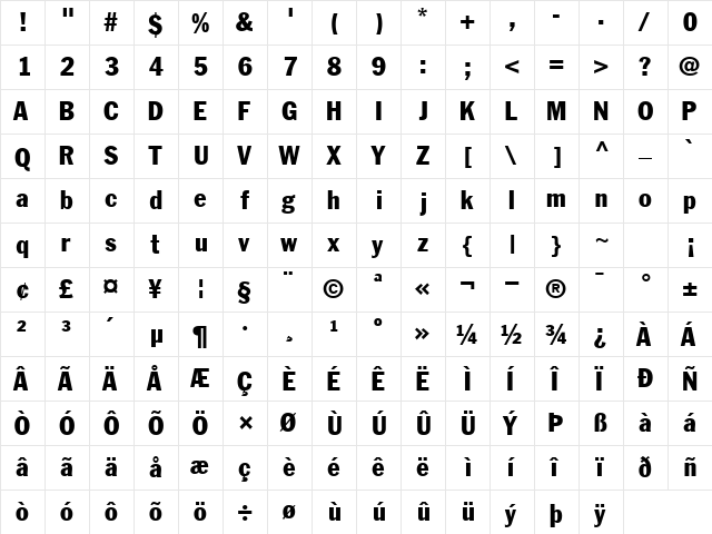 FranklinGothicCondSSK Regular  glyph index