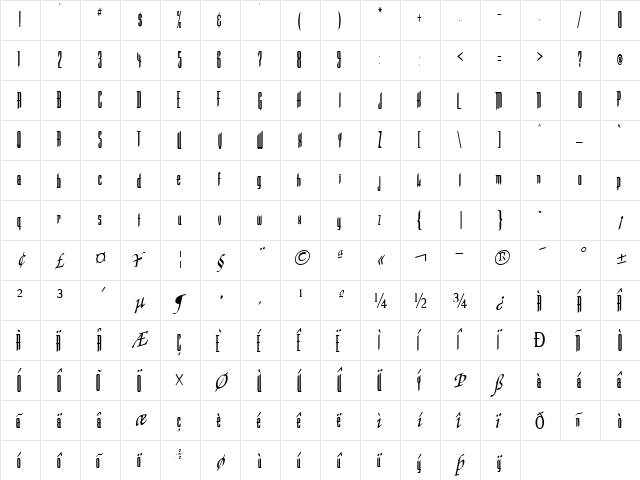 Cute Regular  glyph index