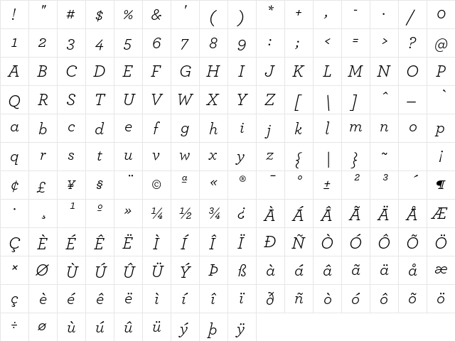 Archer Book Italic  glyph index
