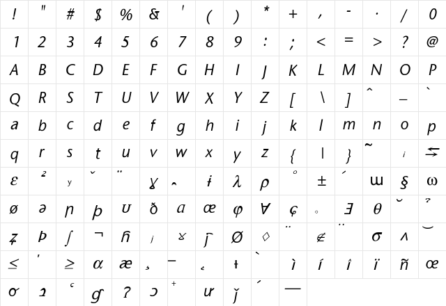SapirSeasItalic Regular  glyph index