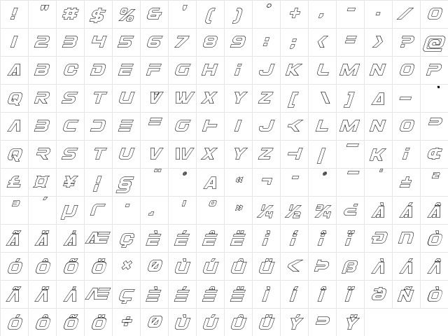 Eurofighter Outline Italic Outline Italic  glyph index