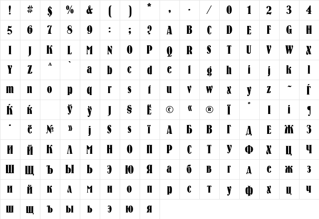 BernhardCTT Regular  glyph index