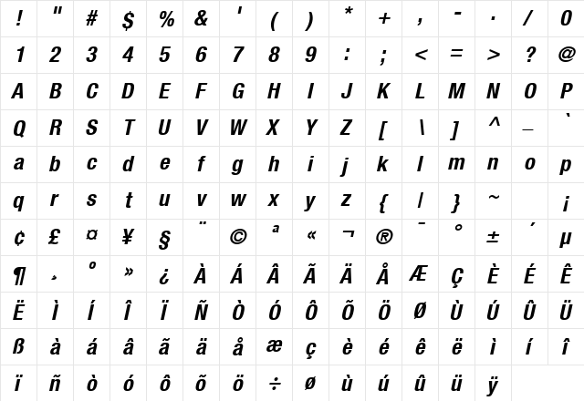 HeaveneticaCond7 BoldOblSH  glyph index
