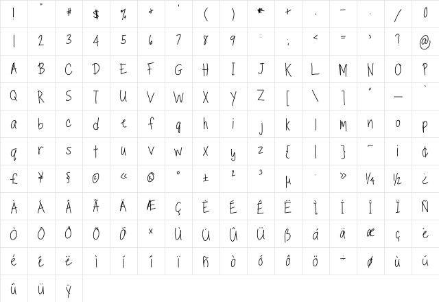 TippyToes Regular Regular  glyph index