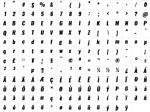 Oswald Heavy  glyph index