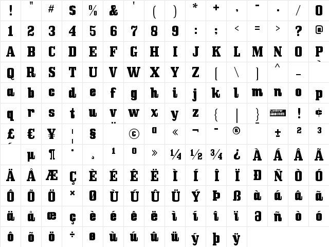 Bullpen Regular  glyph index