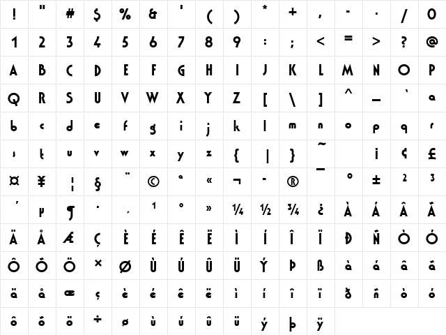 Washington Becker Bold  glyph index