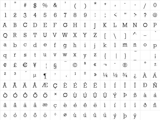 Stafford-Light Regular  glyph index