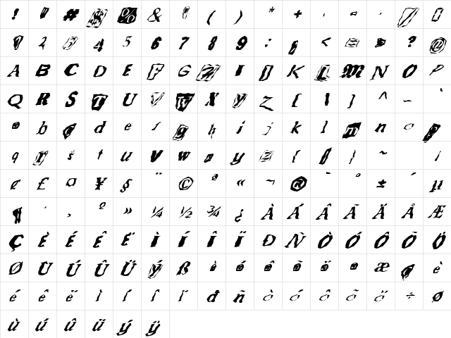FZ WACKY 50 ITALIC Normal  glyph index