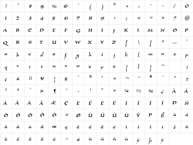Calligraphica Italic Regular  glyph index