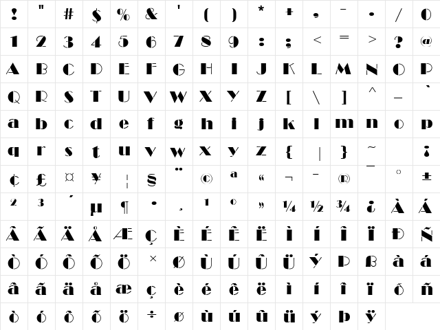 Broadway Becker Stencil Regular  glyph index