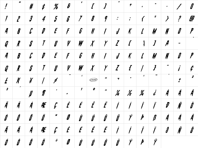 Eva Fangoria Super-Italic Italic  glyph index