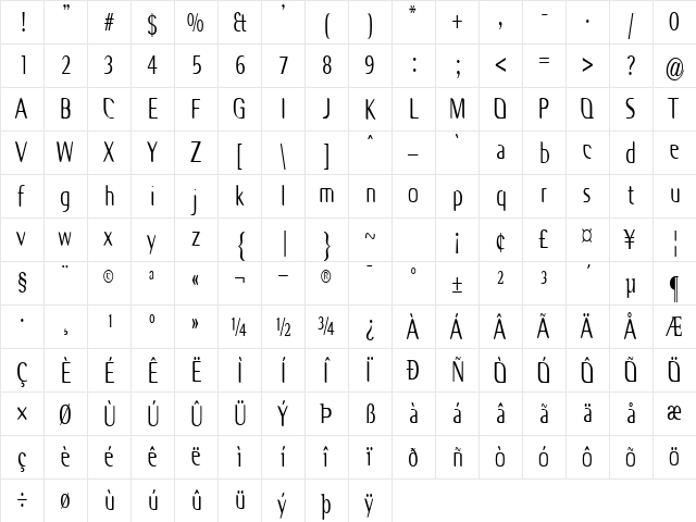 OdysseyCondensed Regular  glyph index