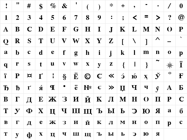 CyrillicTimes Bold  glyph index