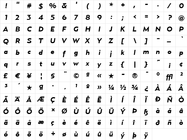 RelayWide-BoldItalic Regular  glyph index