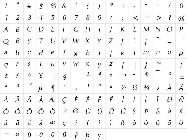 Orion Italic Regular  glyph index